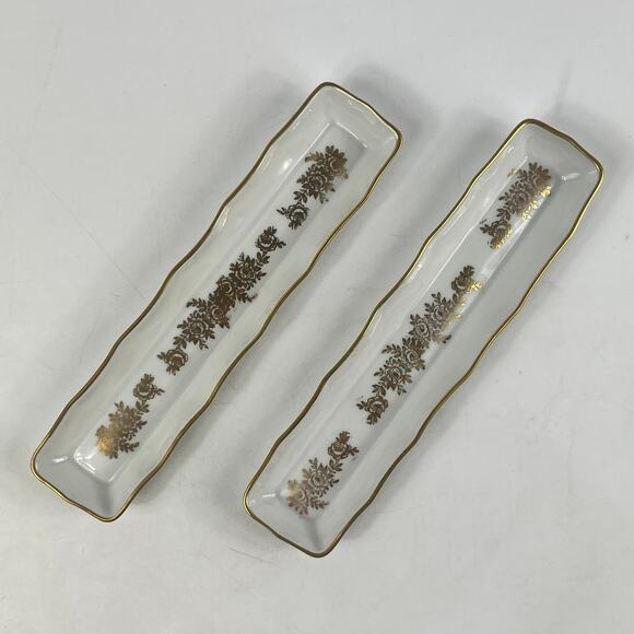 Porcelaine De France Pair Pen Trays Hand Painted Floral Gold Trim 1950s Vanity